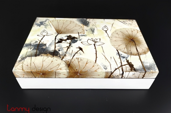 Cream rectangle lacquer box hand-painted with lotus pond 19*29*H6 cm